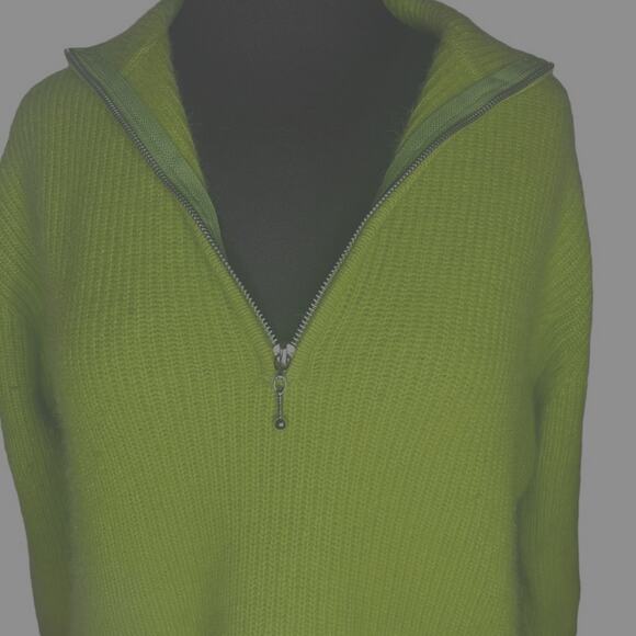 Vtg 90s Green Angora Rabbit Hair Cozy Fuzzy Ribbed 3/4 Zip Sweater Womens Size L - Picture 1 of 5